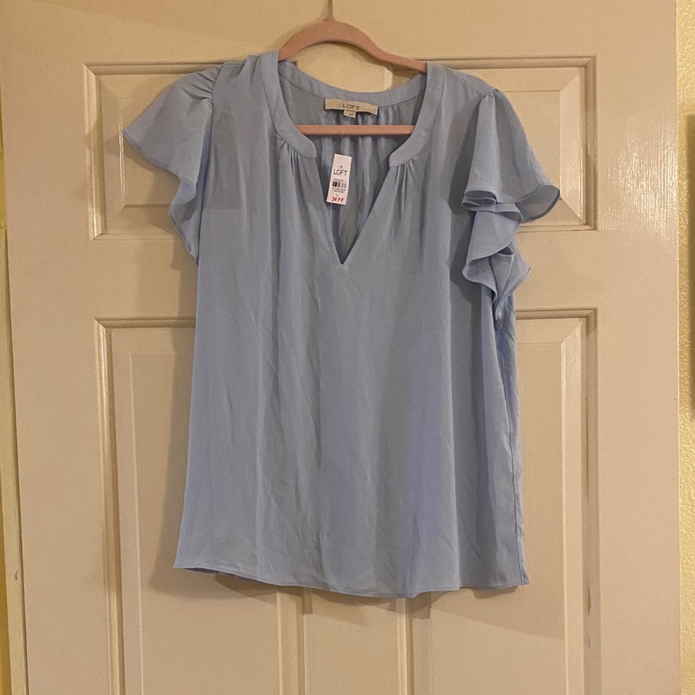 NWT LOFT Sky Blue Flutter Sleeve Blouse, Size L